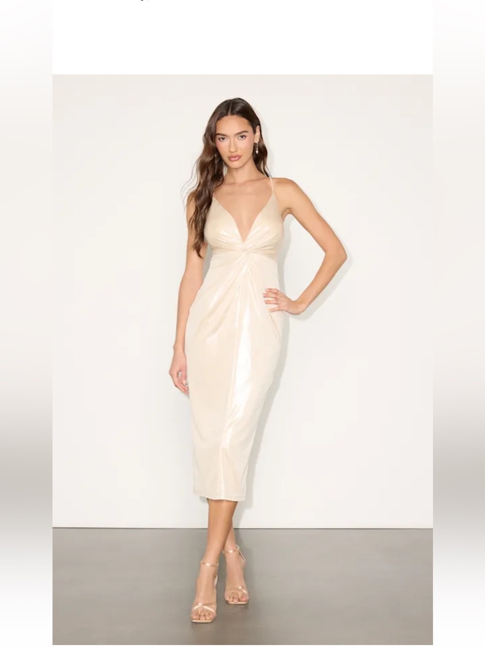 Lulus Hyland Champagne Metallic Twist Front Midi Dress Size Large